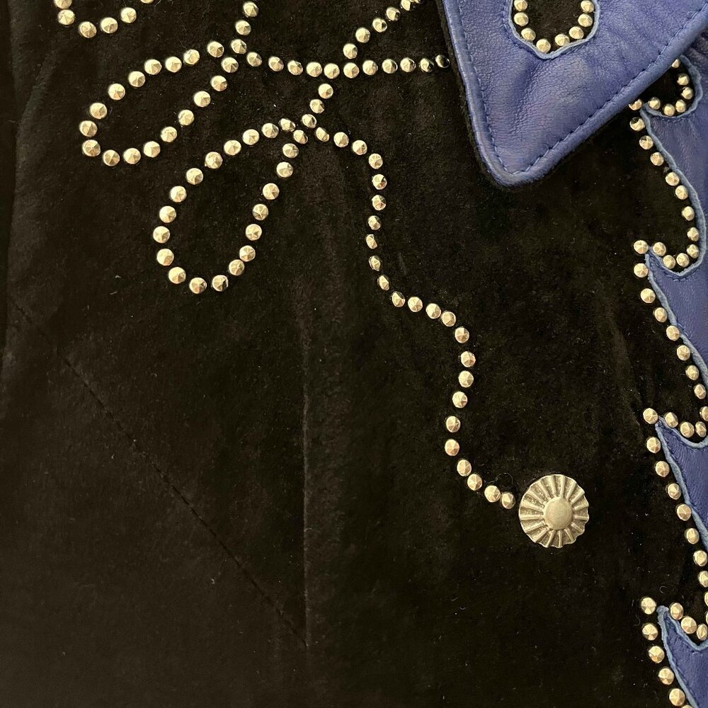 DIAMOND Leathers Women's Black & Blue Suede Studded Motorcycle Jacket - Size 10